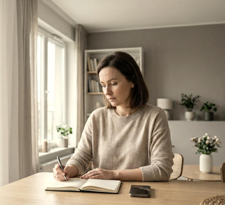 Kobieta pisząca w notatniku Kobieta pisząca w notatniku planująca swoje sprawy