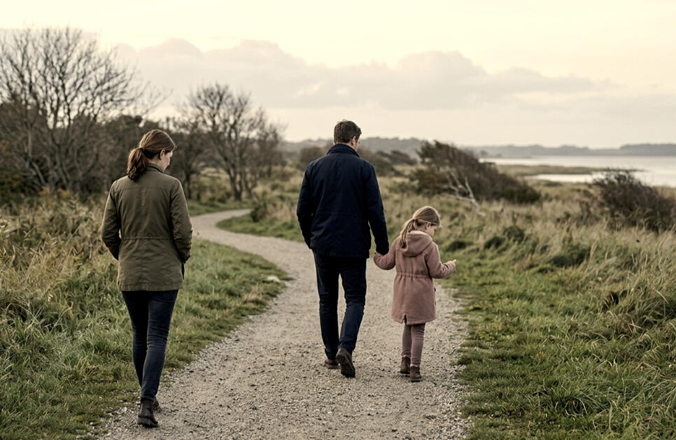 Rodzina na spacerze Rodzina na spacerze, ojciec z córką idą za rękę, mama zostaje lekko w tyle